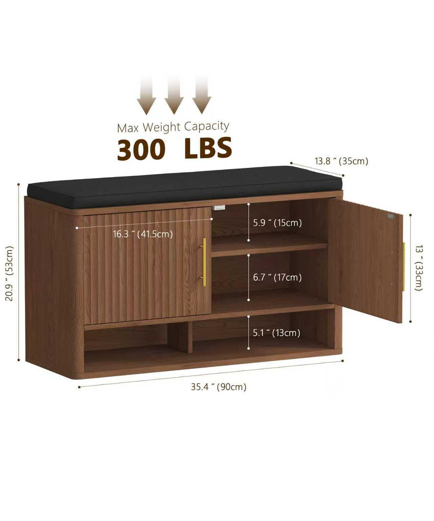 Fluted Shoe Storage Bench, Entryway Bench with Adjustable Shelves