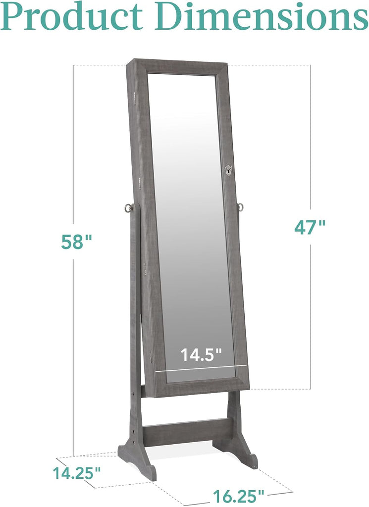 Freestanding Jewelry Armoire Cabinet, Full Length Standing Mirror, Lockable Makeup Storage Organizer, w/Velvet