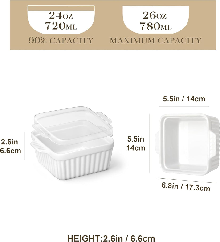Dishes for Oven, Small Ceramic Dishes with Silicone Lids for Individual Portions 5.5" x 5.5" Square Casserole Dishes