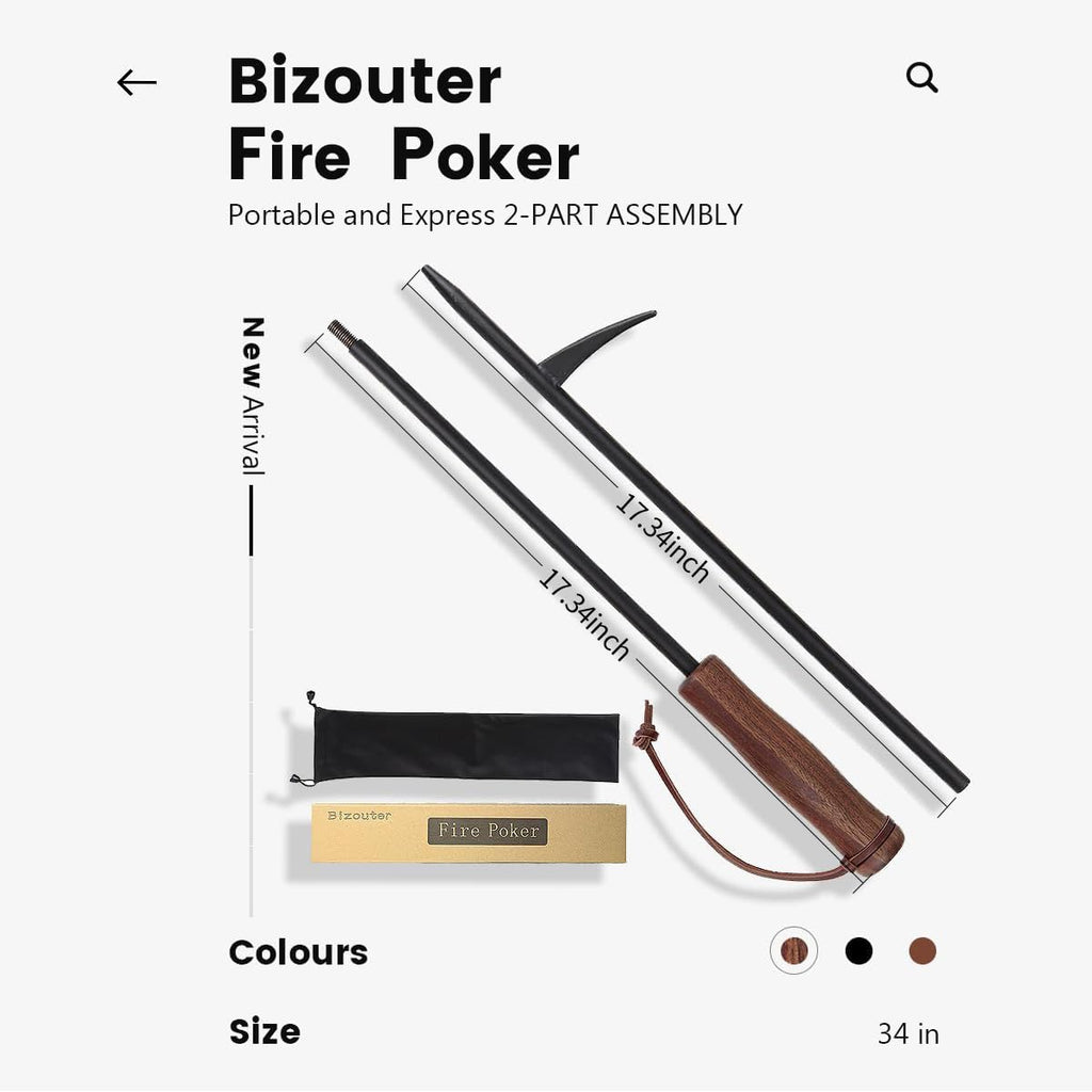 2-in-1 34inch Foldable Fire Poker for Fire Pit & Blow Stick, Wooden Handle