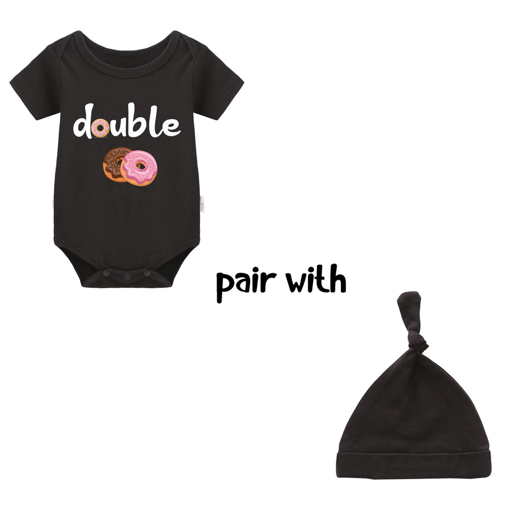 Baby Twins Bodysuits Funny Double Trouble Cute Romper Twin Jumpsuits Hat Set(sweet BLACKS9M)