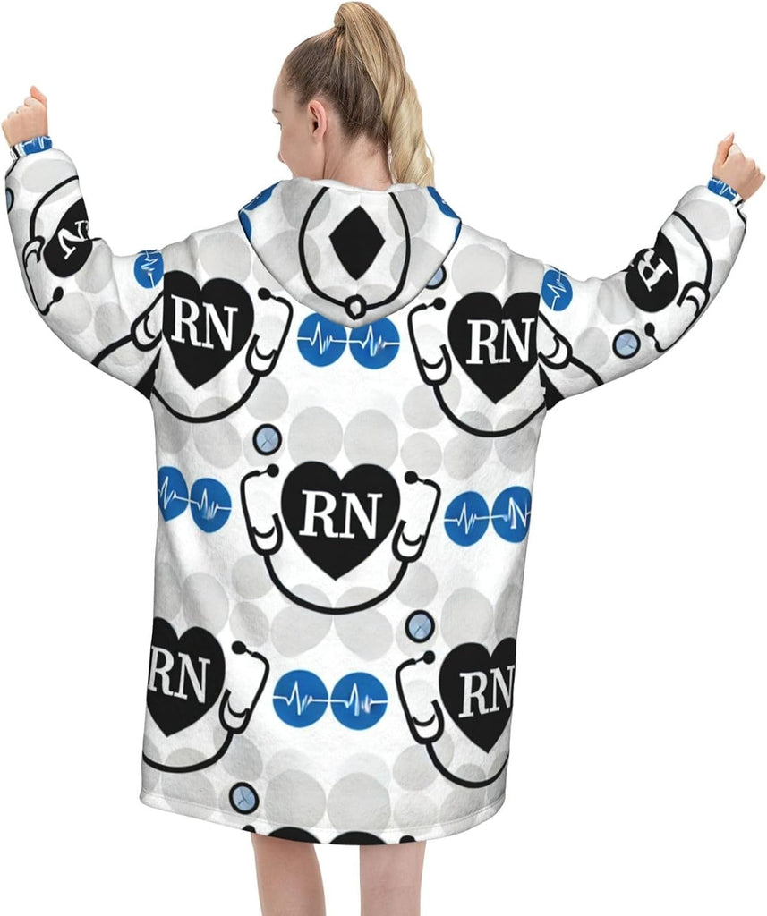 Oversized Adult Long Sleeve Flannel Hoodie Blanket Nurses-Registered-Rn Soft Fuzzy Hooded Sweatshirt Lounging Pullover