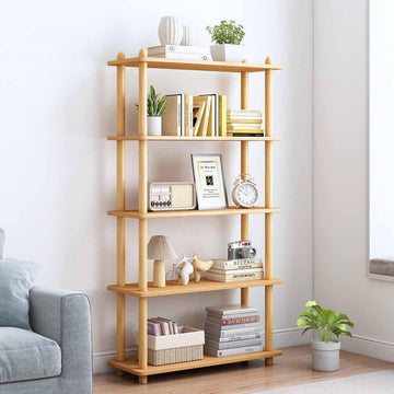 5-Tier Wooden Shelf Bookcase, Freestanding Open Bookshelf, Oak