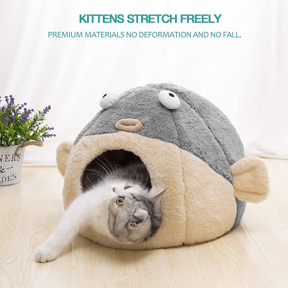Cat Beds for Indoor Cats-Cat Bed Cave, Cute Lively Pufferfish shape, Grey L