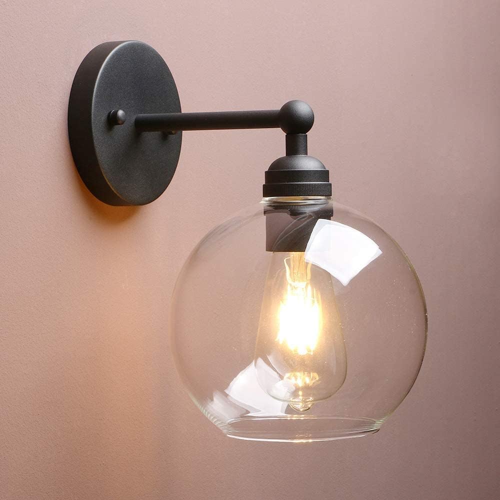 Black Brass Globe Glass Shade Vanity Bathroom Wall Sconce | 1-Light﻿ Indoor Hardwired Wall Industrial Fixture Lights