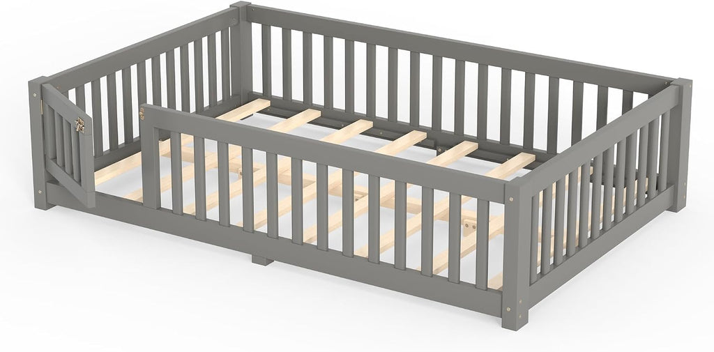Full Size Montessori Floor Bed Frame with Slats and Fence for Kids, Gray