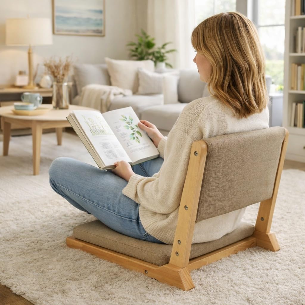 Foldable Japanese Style Floor Chair with Back Support, Tatami Chair with Cushion, Meditation Seat for Bay Window
