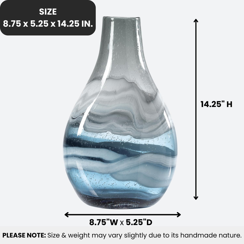 Andrea 11" Hand Blown Blue Glass Vase, Unique Coastal Swirls | Layered Blue & Gray Swirls, Narrow Opening, Watertight