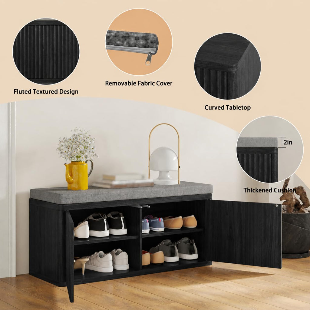 Shoe Bench with Cushion & Push-Open Doors, Double-Layered Storage, Black