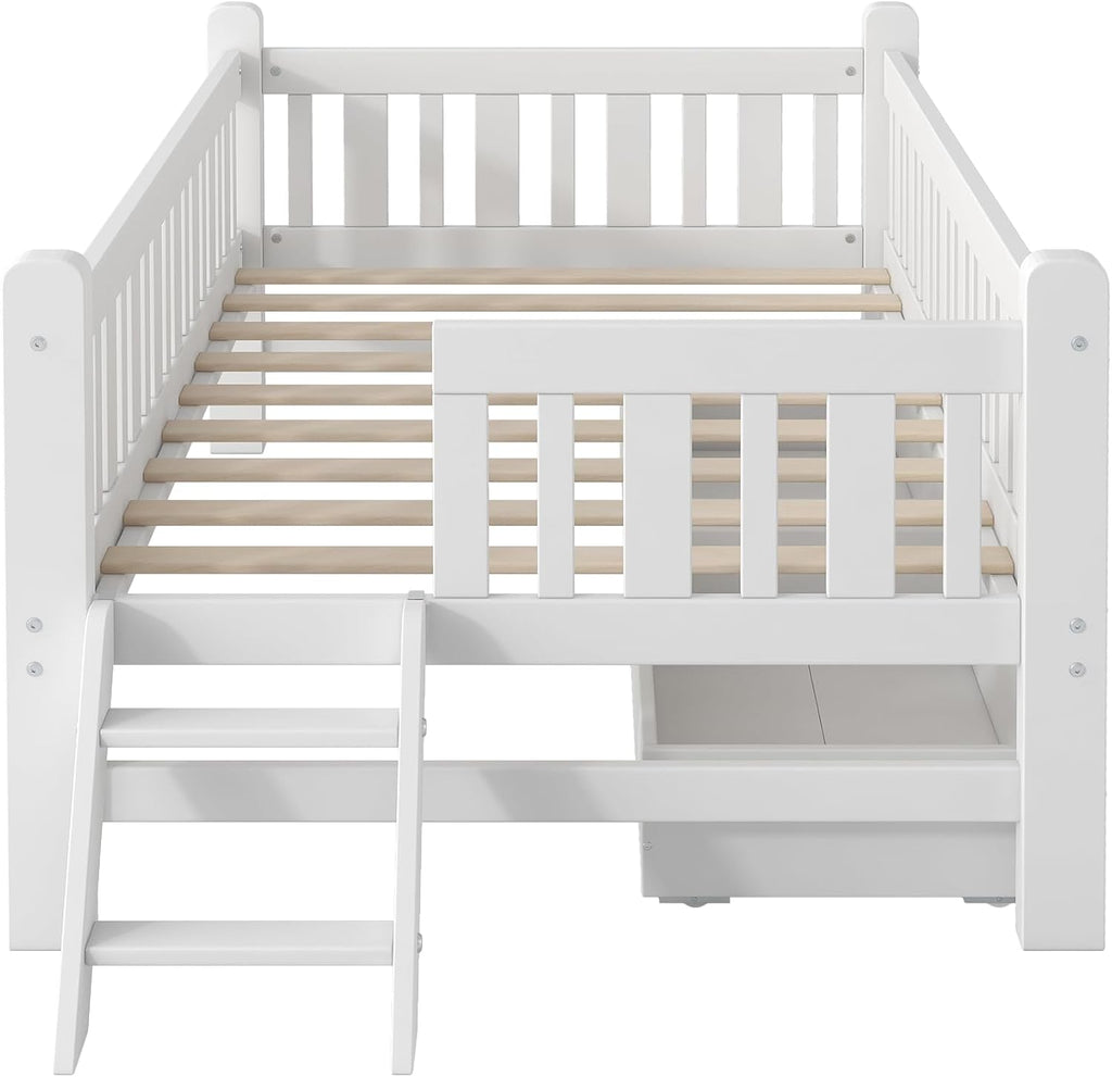 Kids Montessori Floor Bed with Storage Drawers, White