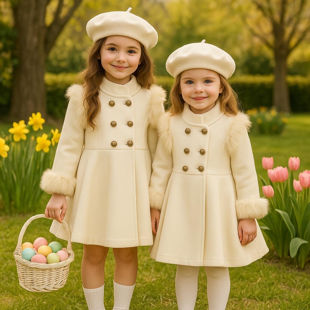 Girls double breasted faux fur dress coat peacoat toddler outfit birthday spring photoshoot easter