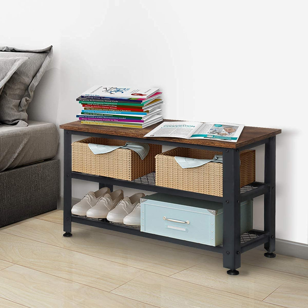 Shoe Bench, 3-Tier Industrial Shoe Rack Bench, Entryway Bench Shoe Organizer with 2 Mesh Shoe Storage Shelves, Wood