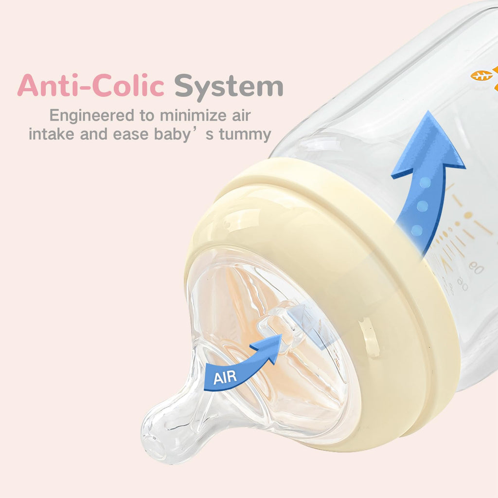 Natural Glass Baby Bottles for Breastfeeding Babies,Newborn Anti-Colic Baby Bottle Set with Slow Flow Nipple,0-3