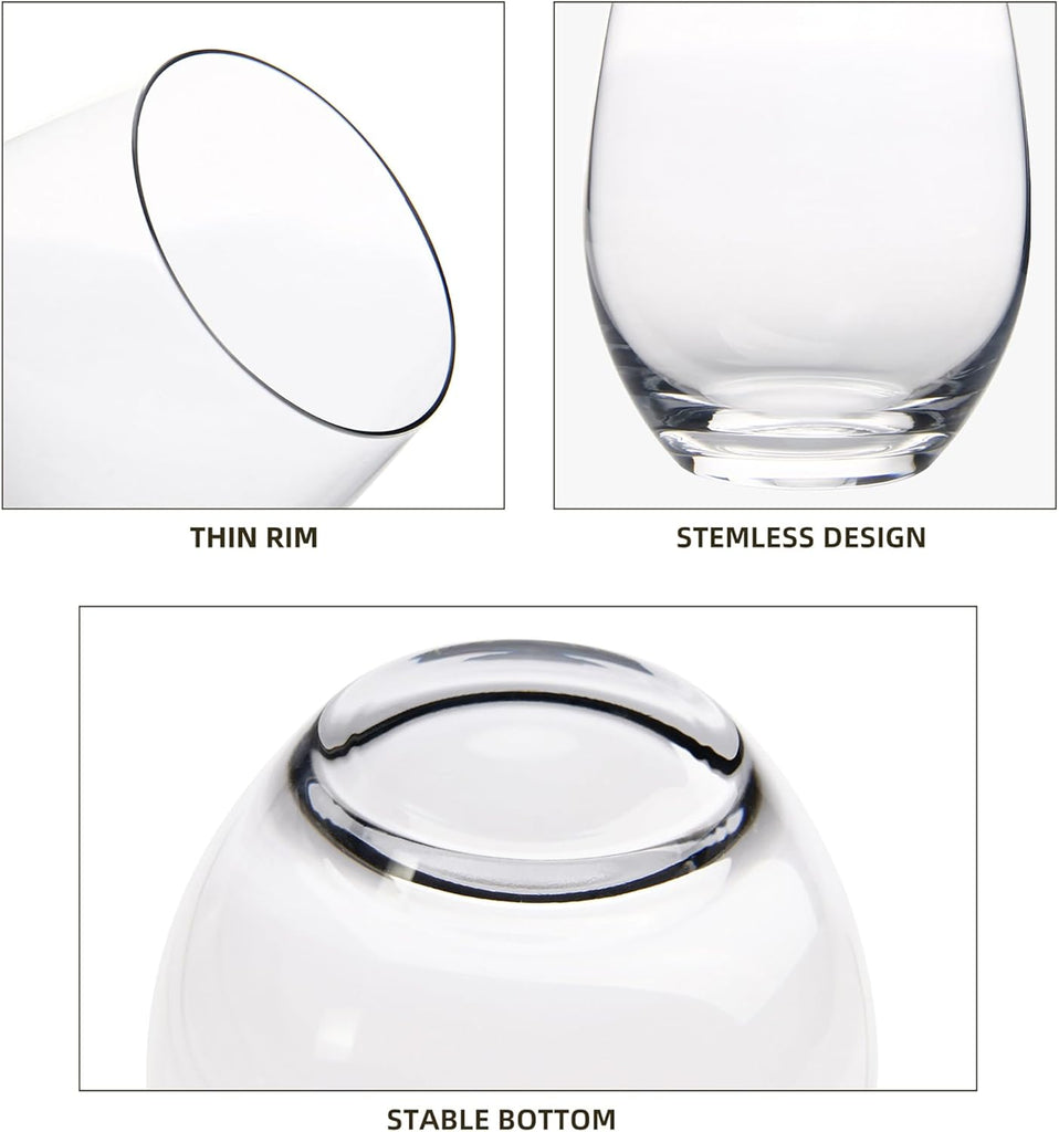 Stemless Wine Glasses Set of 12, 15 Ounce Smooth Rim Standard Wine Glass Tumbler for Red, White Wine, Dishwasher Safe