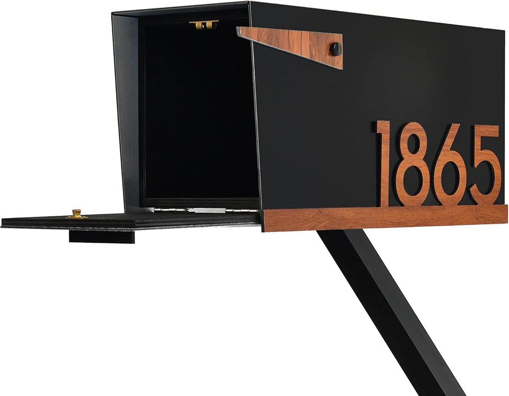 Contemporary Post Mounted Mailbox - Aluminum (ACP) Black Body with Aluminum (ACP) Red Oak Door and Underline Numbers
