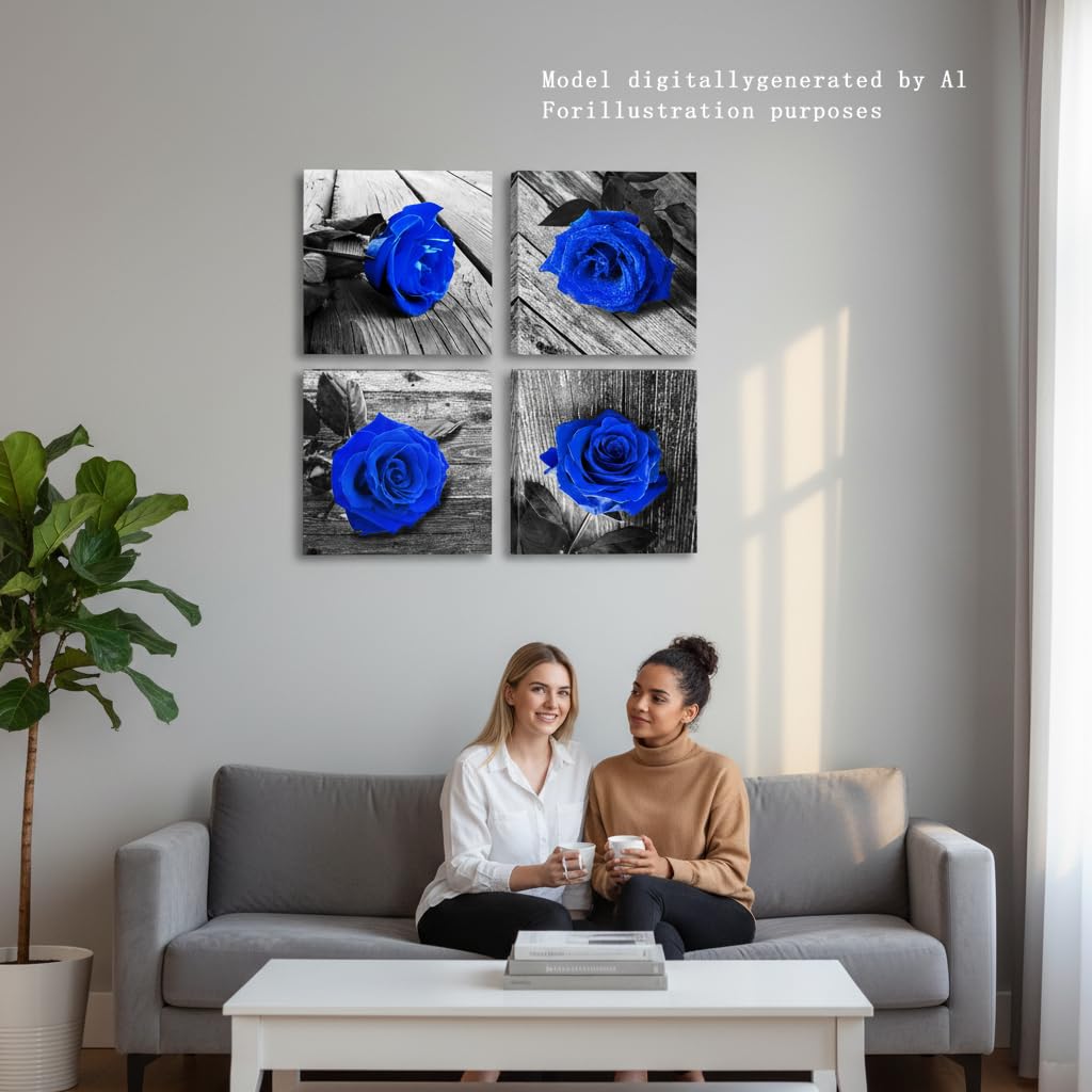 4-Piece Royal Blue Rose Pictures Wall Decor, Canvas Art 12x12in
