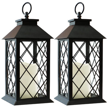 Zeal 2-Pack 13.5" Vintage Candle Lantern with LED Pillar Candle (Black, 6hr Timer) - IP44 Waterproof Battery Powered