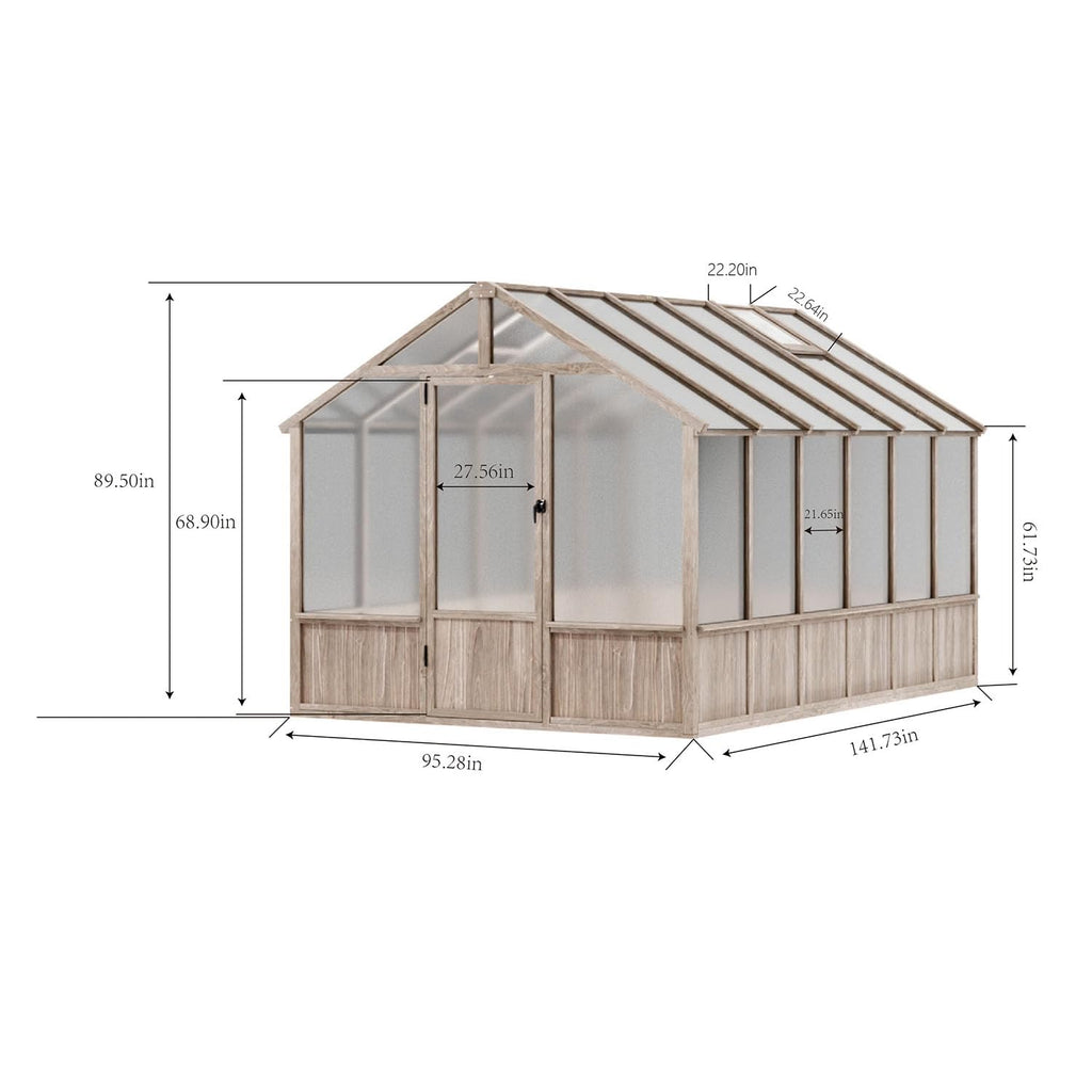 8x12 FT Wooden Outdoor Greenhouse, Polycarbonate Walk-in Greenhouse Kit with Ventilated Window & Lockable Door