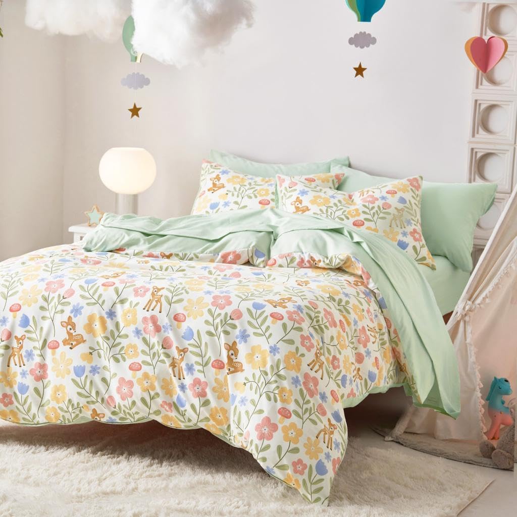 Floral Bedding Set for Girls, Cute Colorful Botanical Flowers Deers Patterned Soft Lightweight Comforter Set with Sheets, 7 Pieces Kids Bed in a Bag, Green Cream, Full Size