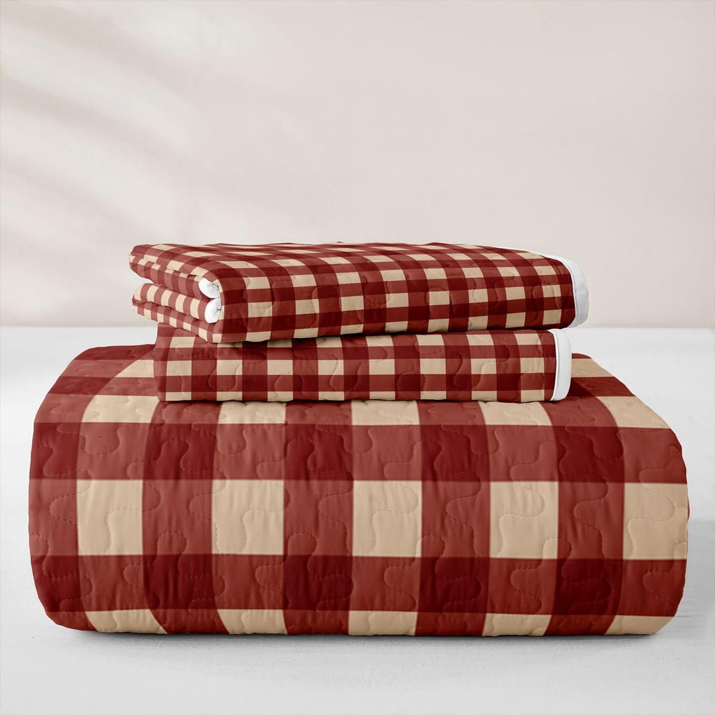 Square Gingham Quilted Bedspread Set, Retro Burgundy Red Beige Plaid Microfiber Lightweight, Neutral Farmhouse Check