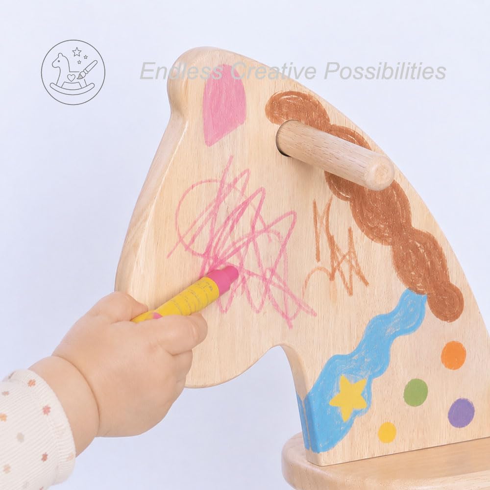 Natural Wooden Rocking Horse Funny for Toddlers (Ages 2-4) - Solid Rubber Wood, Smooth Surface for Creative