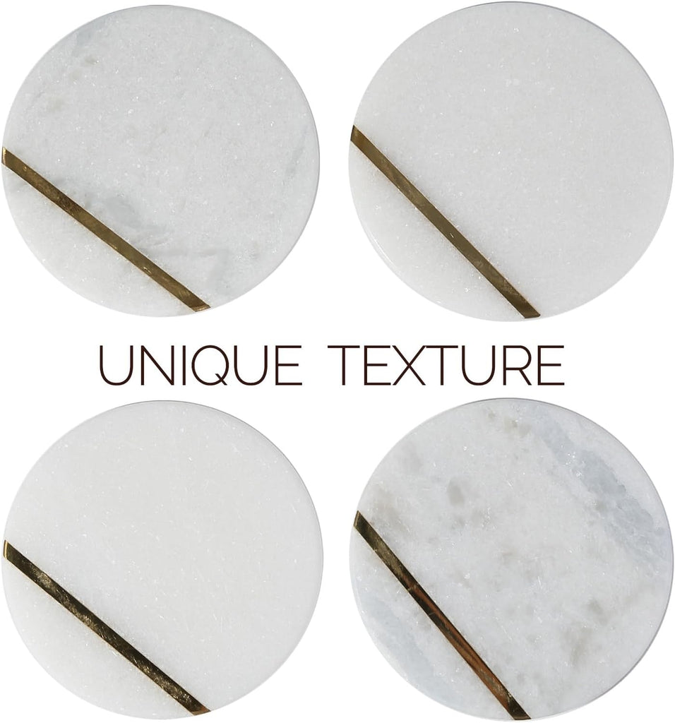 Marble Coaster, Round Coasters, 4" Stone Coaster for Drinks Coffee, White Marble with Gold Brass Coasters - Set of 4