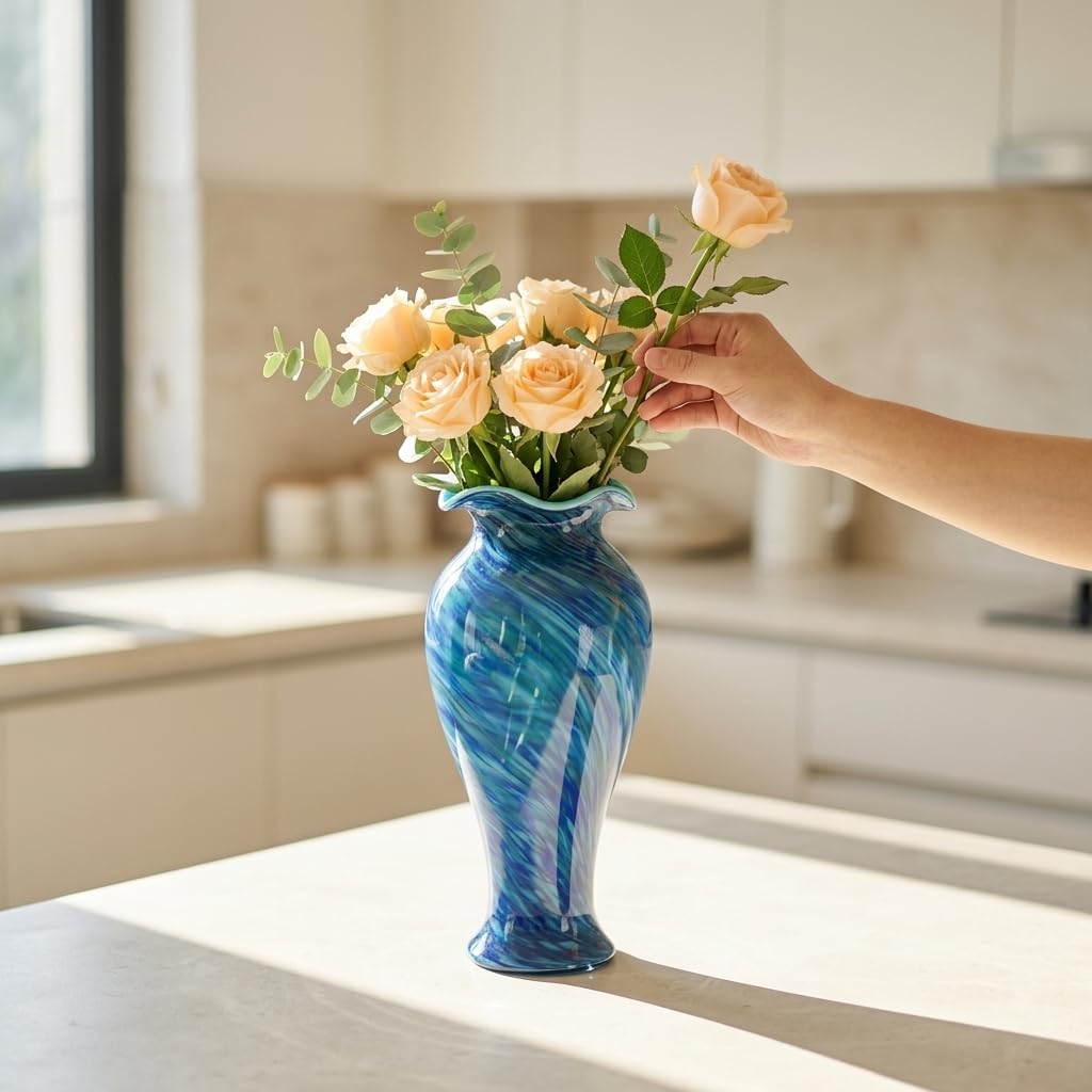 Hand Blown Glass Vase, Large Blue Glass Vase, Modern Glass Art Decor for the Living Room Coffee Table, Dining Table