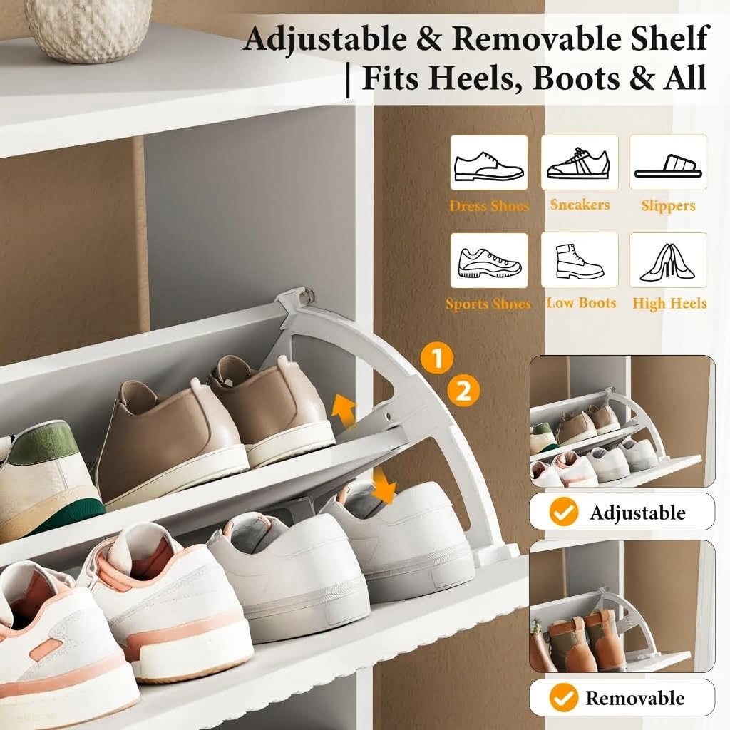 Shoe Storage Cabinet - 2 Flip Drawers Shoe Cabinet with Tiered Fluted Design - Slim Shoe Storage Rack with Gold Legs