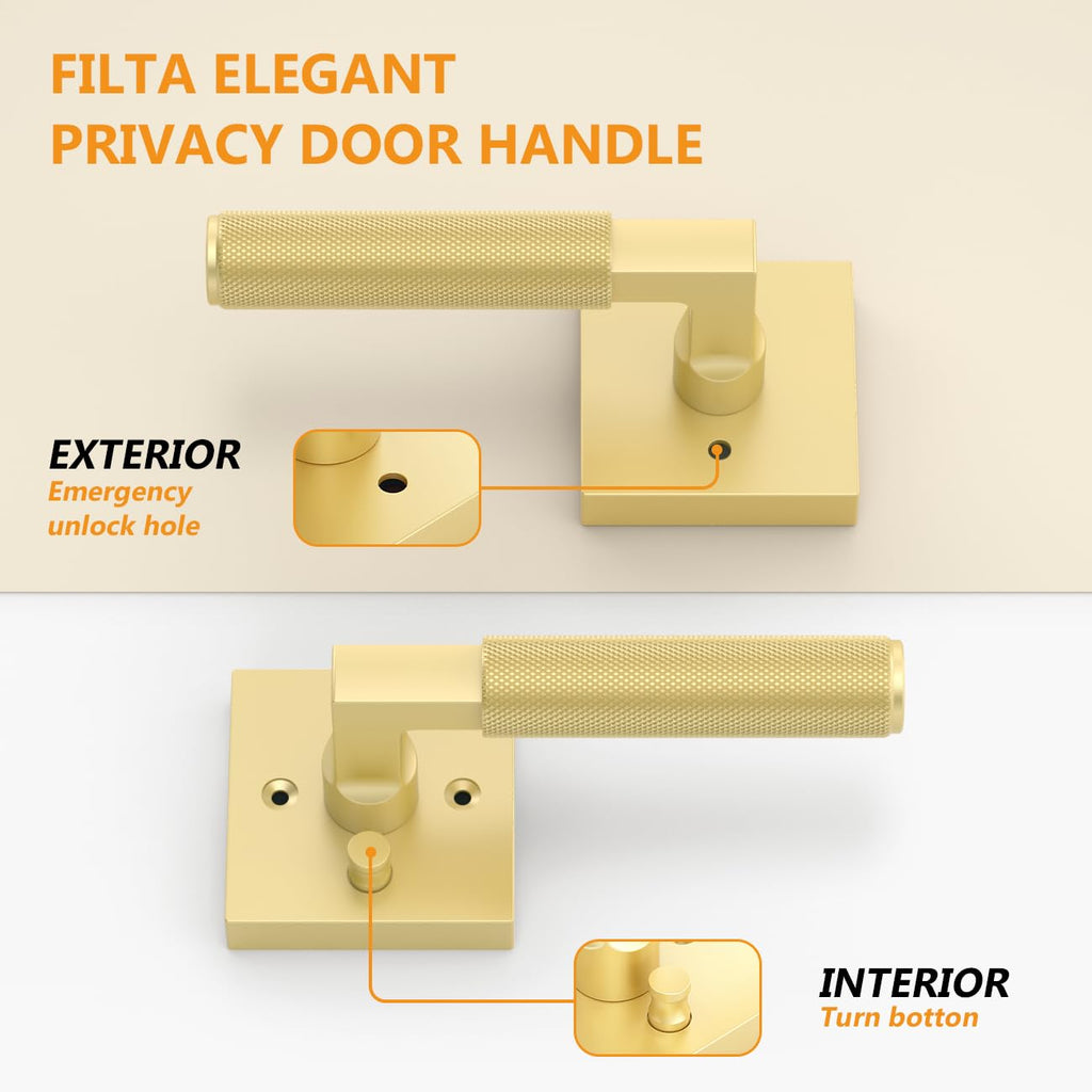 1 Pack Gold Privacy Door Handles, Knurled Door Levers Interior Gold Door Lever Bathroom Door Knobs Heavy Duty Square
