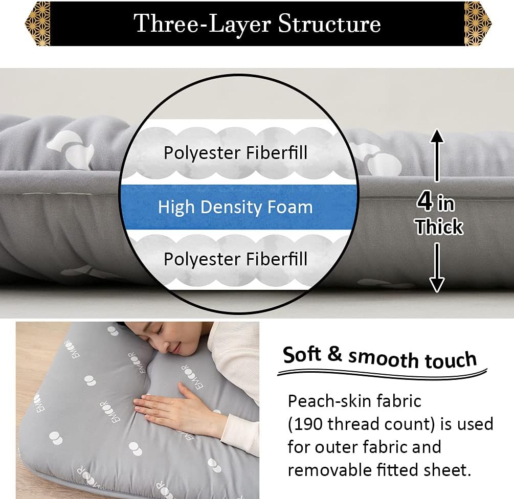 Japanese Floor Futon Set (Mattress, Cover & Storage Case) -Kyoto- Full Size (55x80in) Gray, Sleeping Mat Tatami Bed