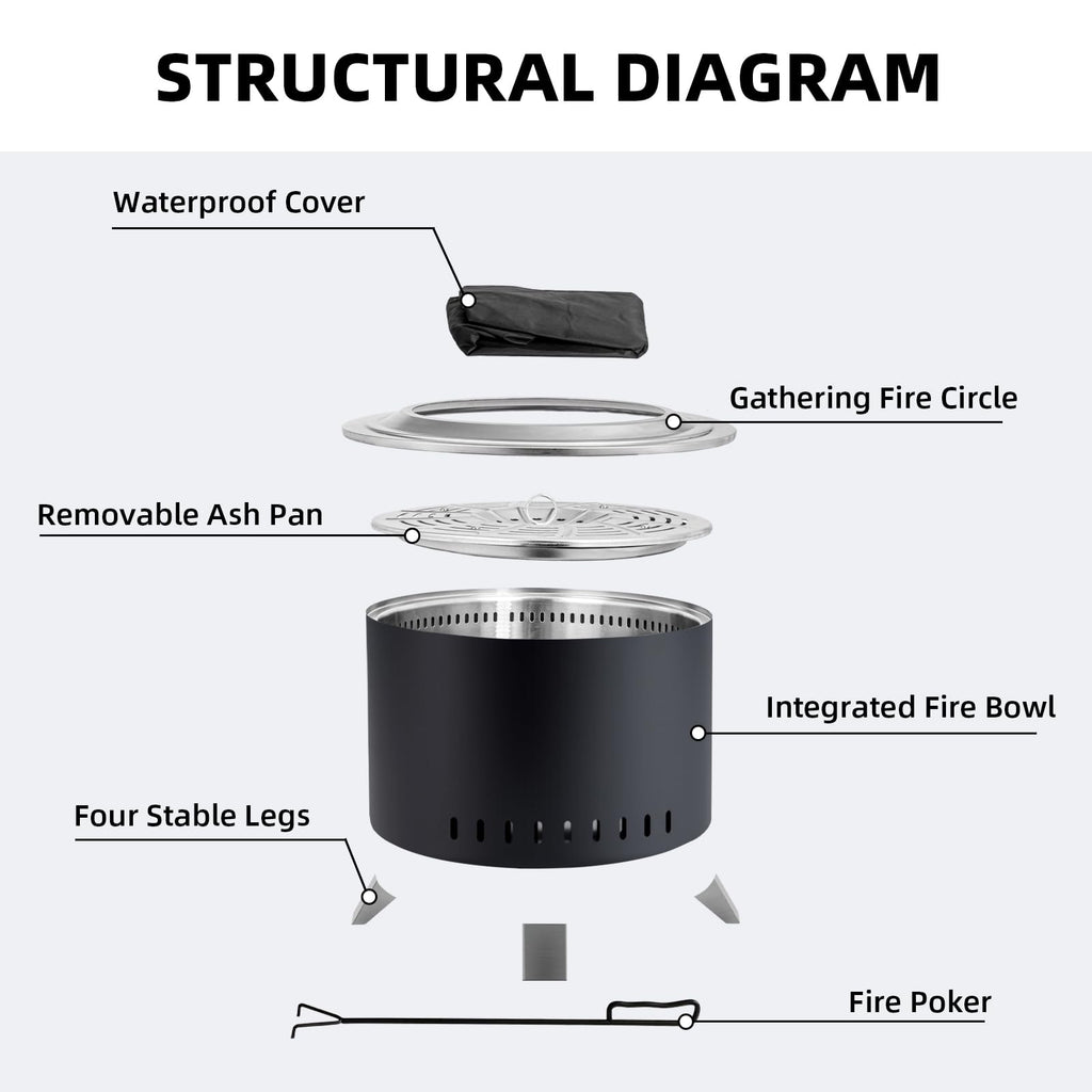 22 Inch Smokeless Fire Pit with Ash Pan Outdoors Black