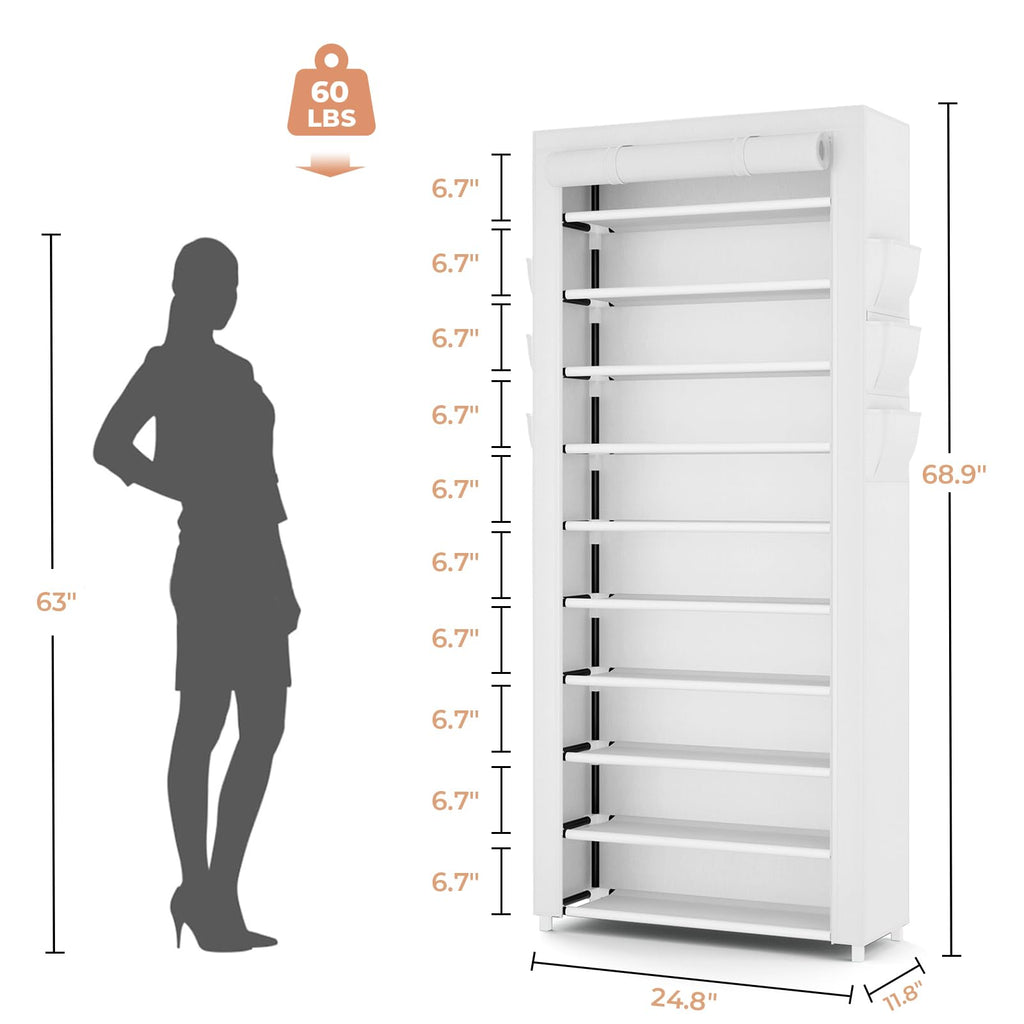 Shoe Rack with Cover 10 Tier Vertical Narrow Tall Shoe Shelf, White