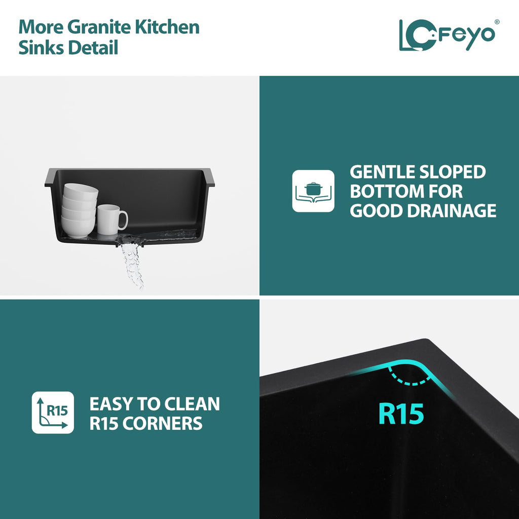 25x22 Inch Black Granite Composite Drop Sink Top mount Quartz Single Bowl Contemporary Kitchen Deep Sink Basin with