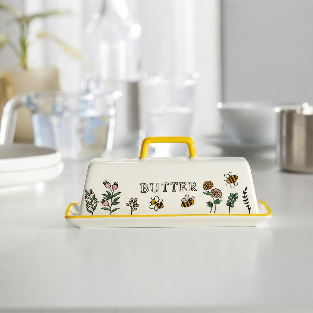 Ceramic Butter Dish with Lid, Countertop, Dishes, Tray, Meadow