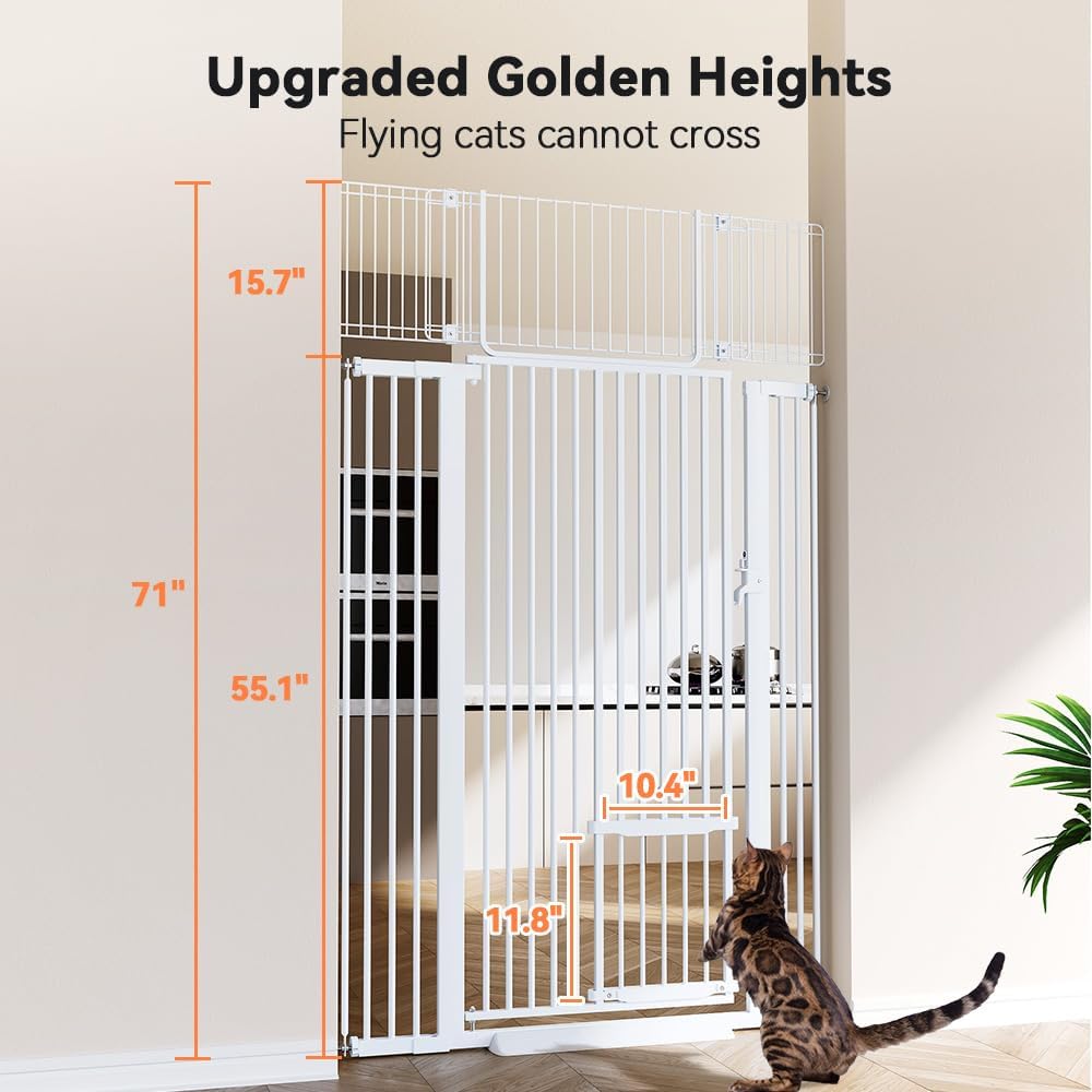71" Extra Tall Pet Gate, 29.5-40.6" Wide with Adjustable Cat Door