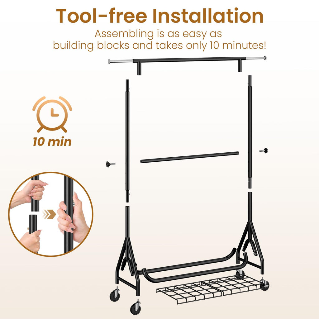 Double Rods Clothing Rack, Heavy Duty Clothes Rack for Hanging Clothes Load 560LBS, Metal Rolling Garment Racks with