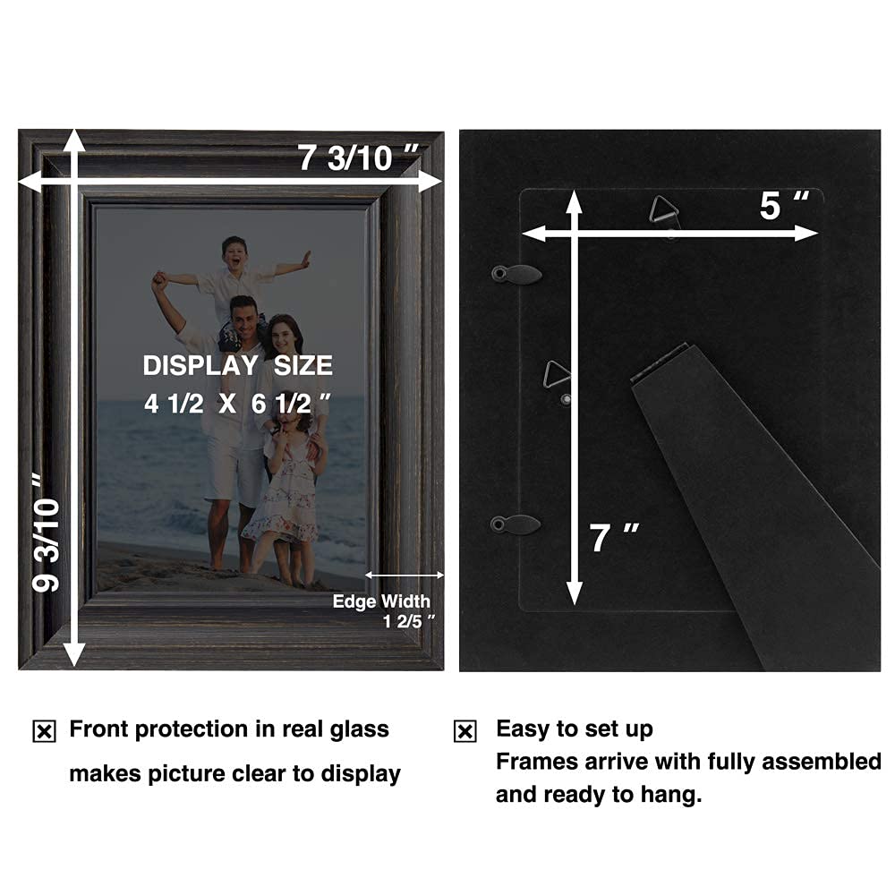 5x7 Picture Frames (3 Pack, Black Wood Grain) Rustic Photo Frame Set with High Definition Glass for Wall Mount &