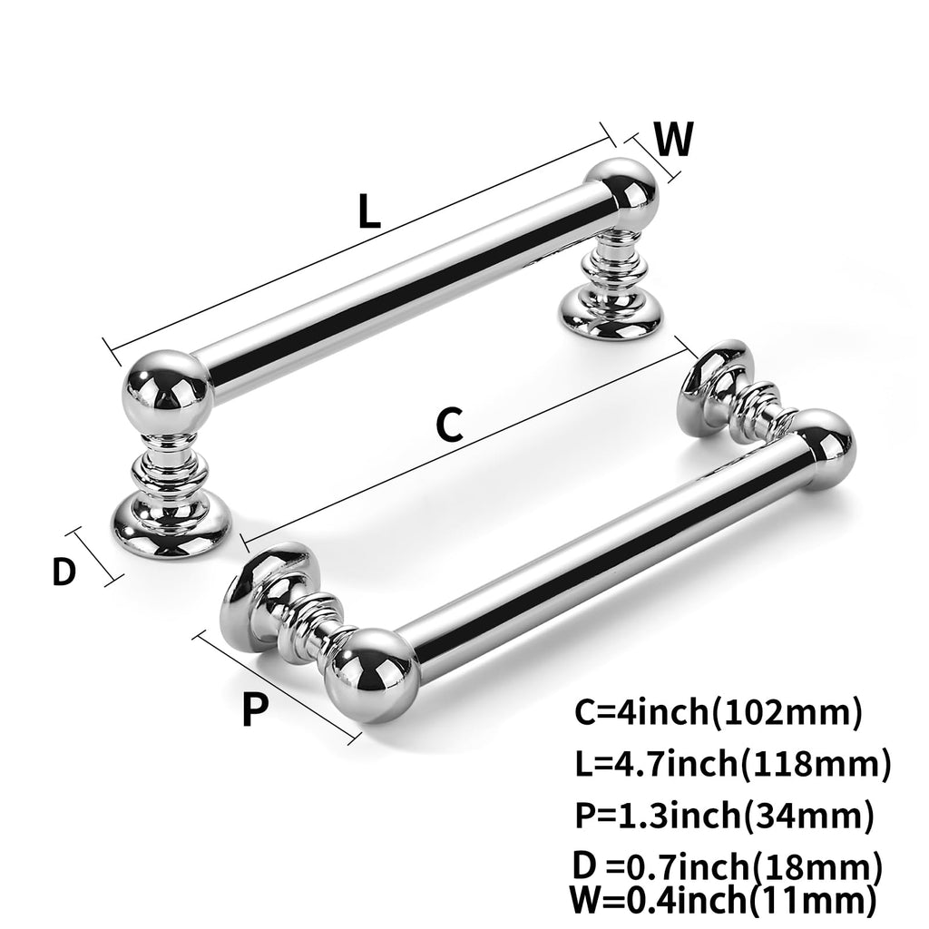 10 Pack 4 inch(102mm) Hole Center Vibrant Polished Chrome Cabinet Pulls Solid Heavy-Duty Kitchen Cabinet Hardware for