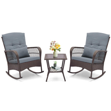 3 Pieces Patio Rocking Chair Set, Wicker Bistro Set (Grey)