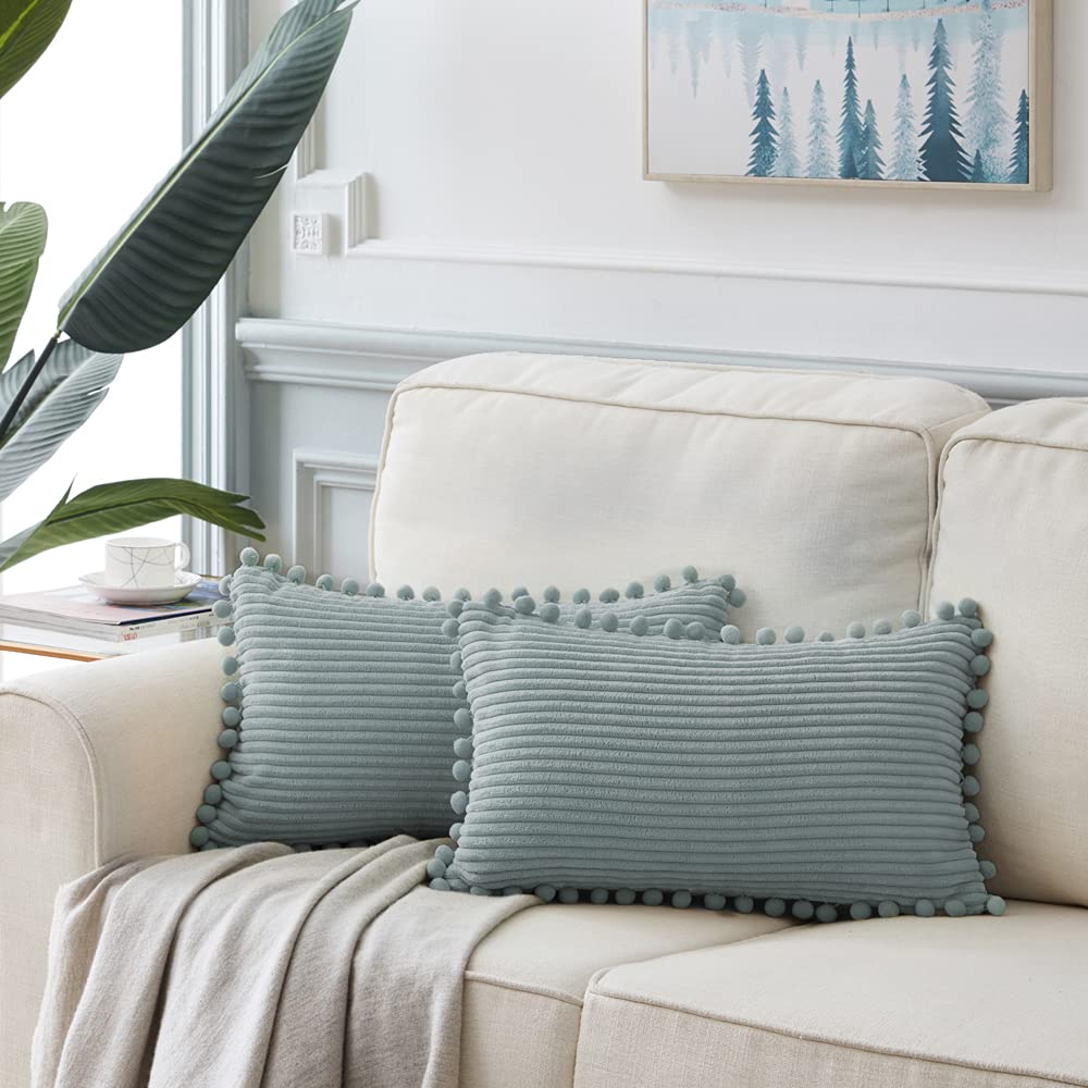 Pack of 2 Farmhouse Lumbar Decorative Throw Pillow Covers with Pom-poms, Soft Corduroy Solid Rectangle Cushion Cases
