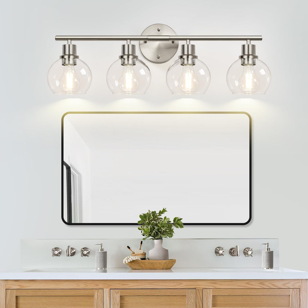 4-Light Bathroom Light Fixtures, Brushed Nickel Modern Vanity Lights Over Mirror with Clear Glass Globe Shade