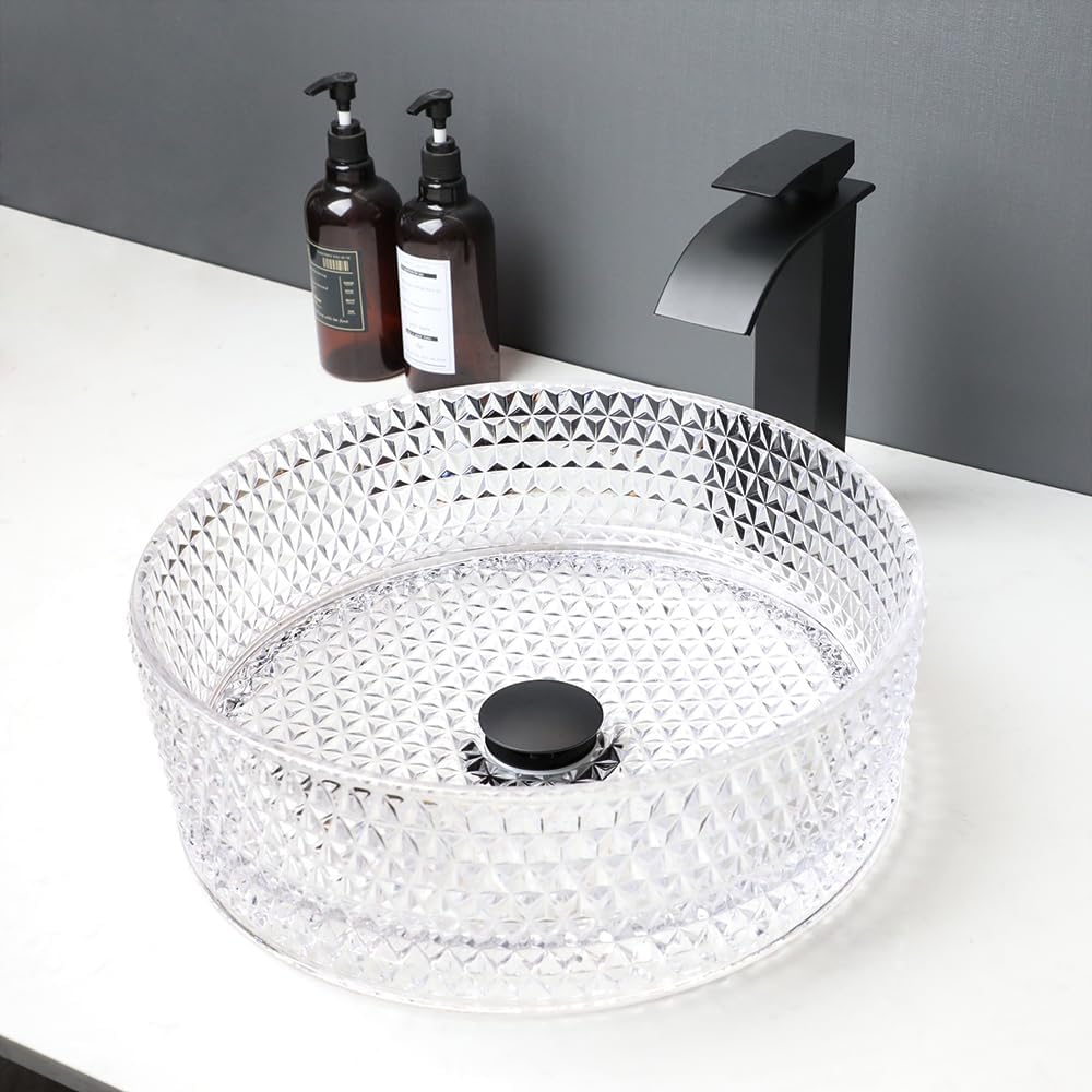 16 Inch Crystal Bathroom Vessel Sink with Faucet and Drain Combo,Diamond Shaped Clear Tempered Glass Vessel Sink Above