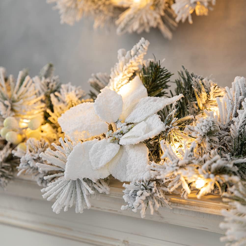 For Mantle, Pre-Lit Snow Flocked Greenery Garland Poinsettia Pine Garland with 50 Warm White Lights and Timer