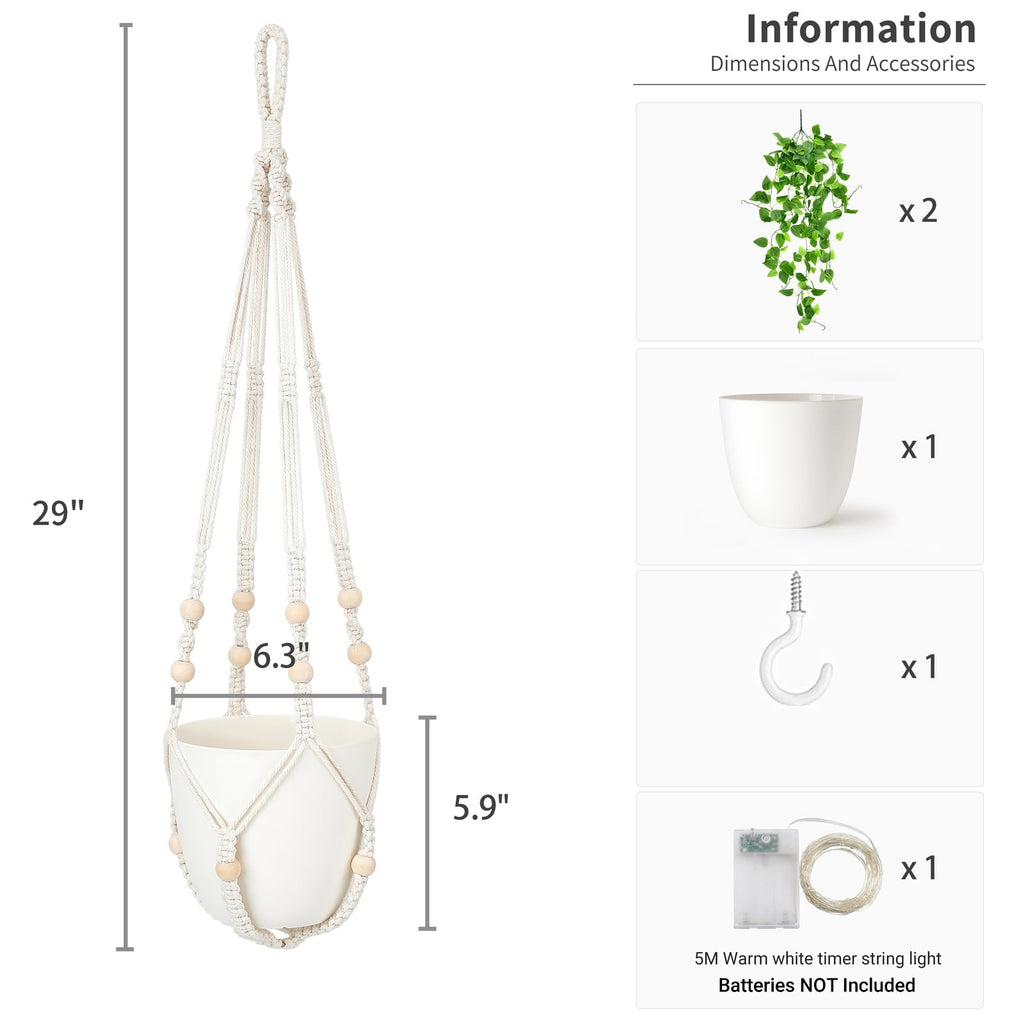Fake Hanging Plant with Lights, Artificial Plants Decor Indoor Macrame Plant Hanger with Fake Vines, Batteries NOT