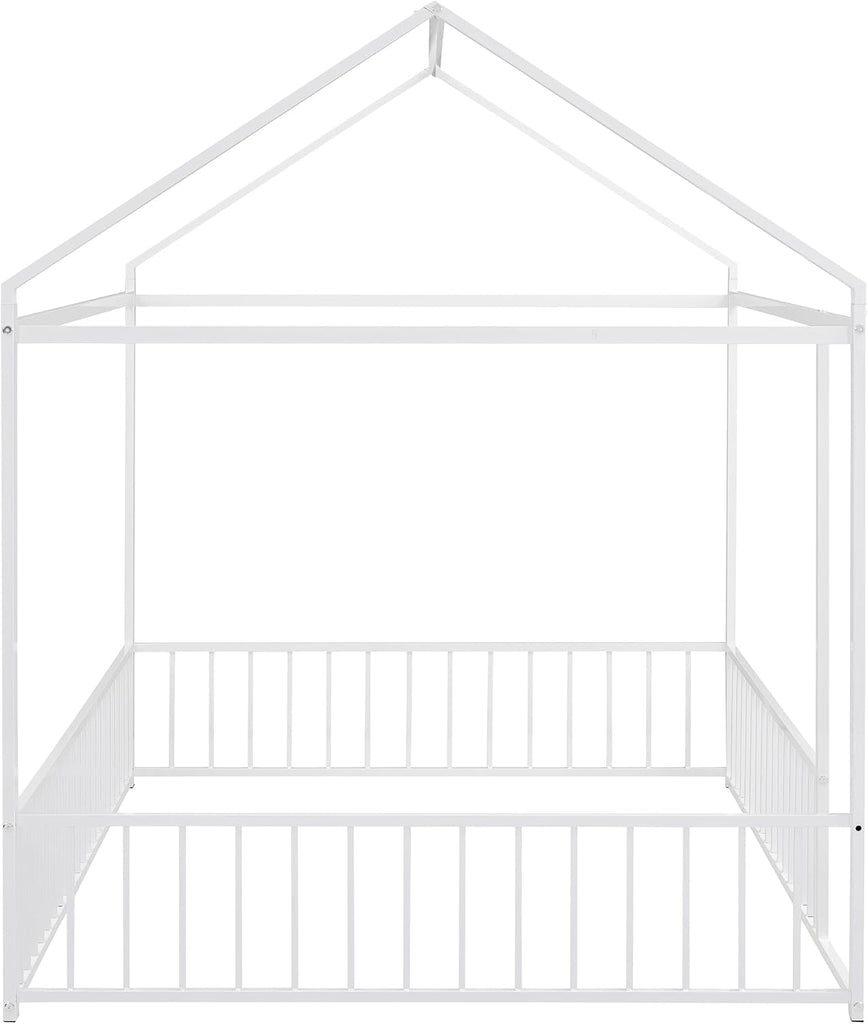 Floor Bed Frame, Metal Montessori Floor Bed with Fence for Boys Girls Bedroom Playhouse for Kids No Slat