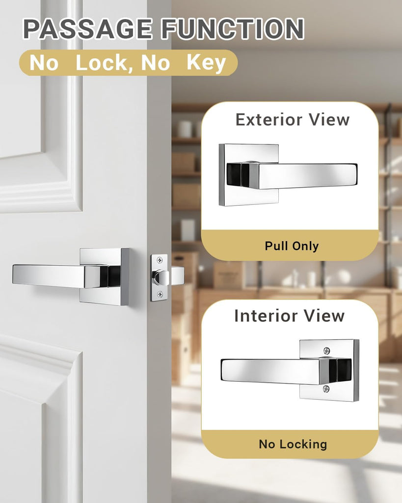 1 Pack Polished Chrome Door Handle Square Doorknob with Lever Interior Door Lever for Closet Hallway