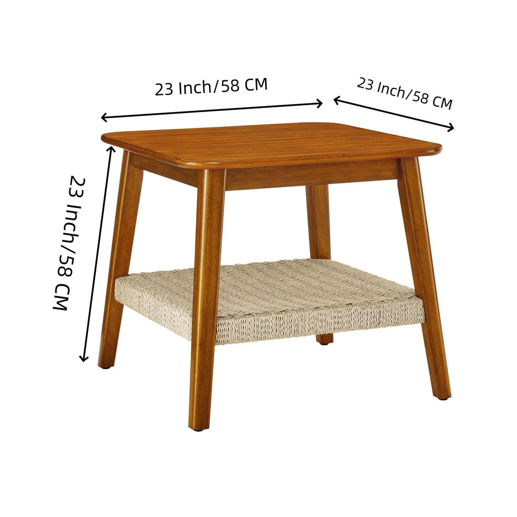 23'' Square Solid Wood Side Table, Handmade Natural Rattan Side Table Coffee Table, Office Apartment Small Space