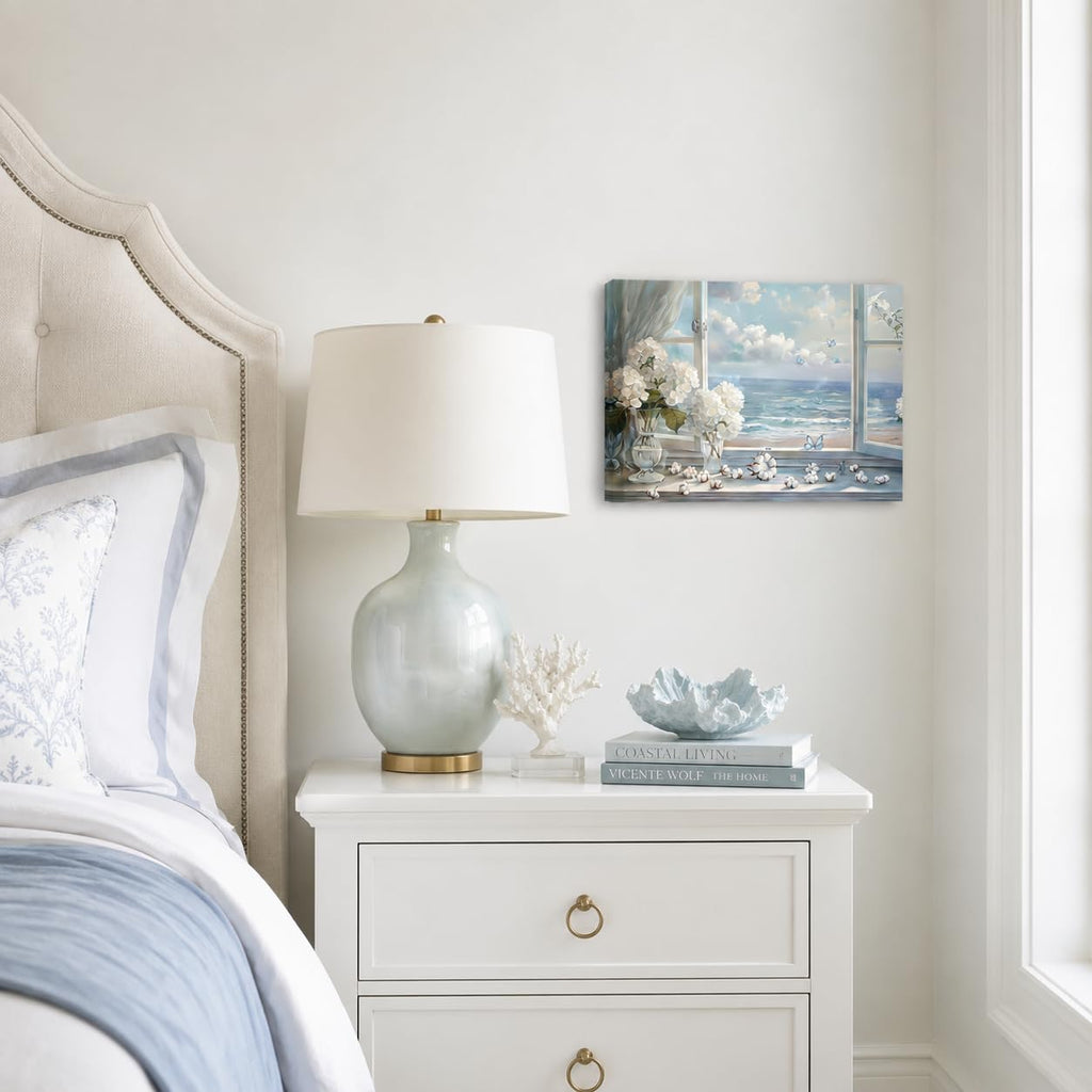 White Hydrangea & Coastal Window View Wall Art - Serene Ocean Landscape Canvas Print Decor