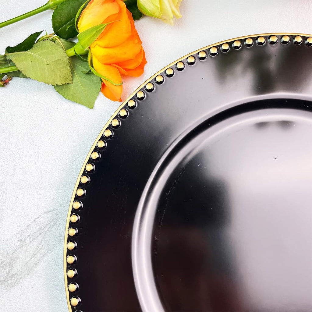 Black Charger Plates with Beaded Rim, 13" Round Charger for Dinner Plates, Set of 6 Plastic Plate Chargers for