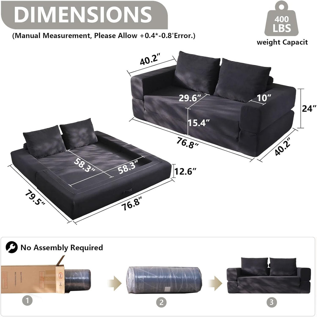 79'' Convertible Sleeper Sofa Bed, 3-in-1 Foldable Floor Couch with Corduroy Upholstery, No Assembly Loveseat, Light